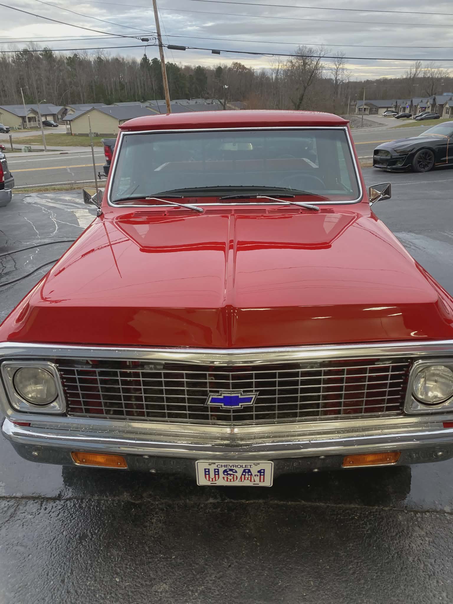 Finished red classic truck after bodywork and paint
